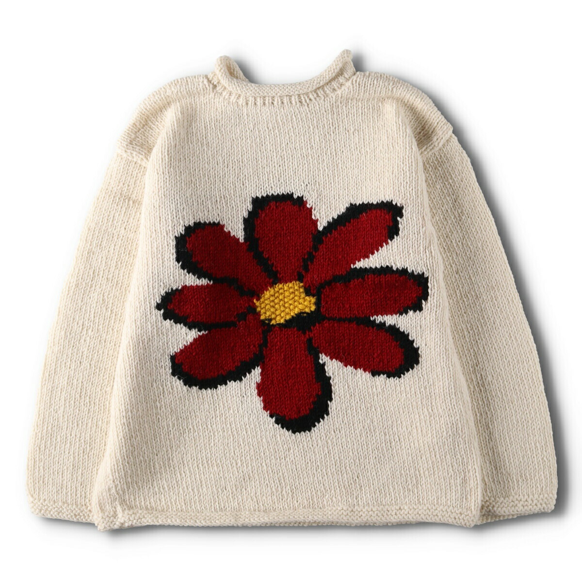 生成り フラワー エクアドルニットタイプ ロールネック ウールニット