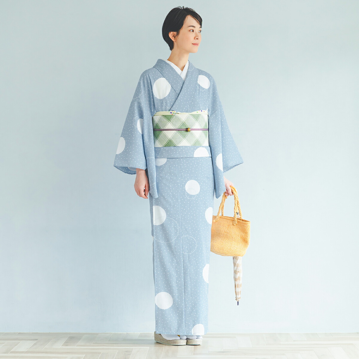 CHIKUMO-千雲-】洗えるきもの 単衣/夏着物 セオα 水玉/ブルー エア紅梅