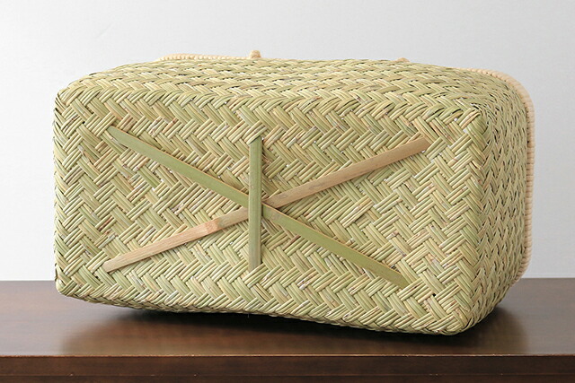 スズ竹市場かご(岩手県鳥越竹細工/籐ハンドル/中サイズ)(約)幅41×マチ