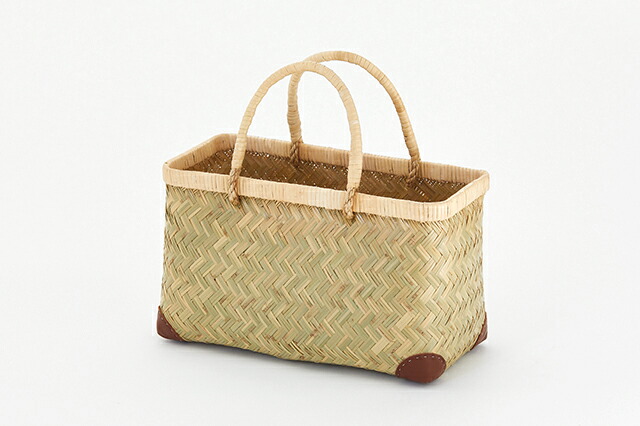 青竹市場かご(籐取手/小サイズ/レザー底あて付き)(約)幅38×マチ18×本体