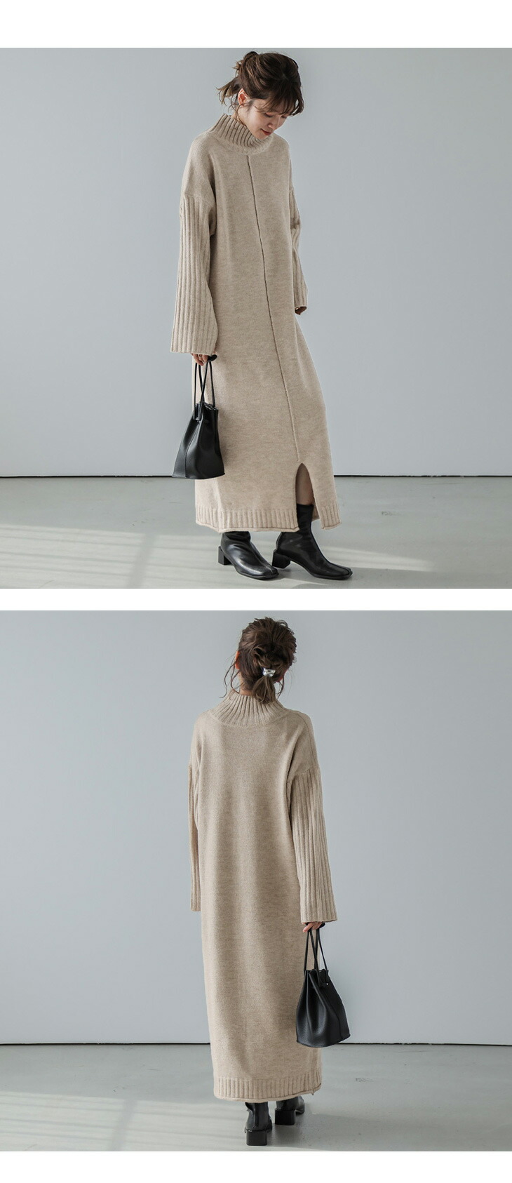 秋冬半額SALE対象】 ニットワンピース 前後2WAY ハイネック 指穴袖