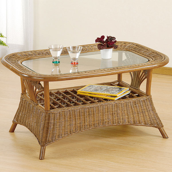 楽天市場】ラタンテーブル 円型 ガラス天板 棚付 籐家具 直径60cm