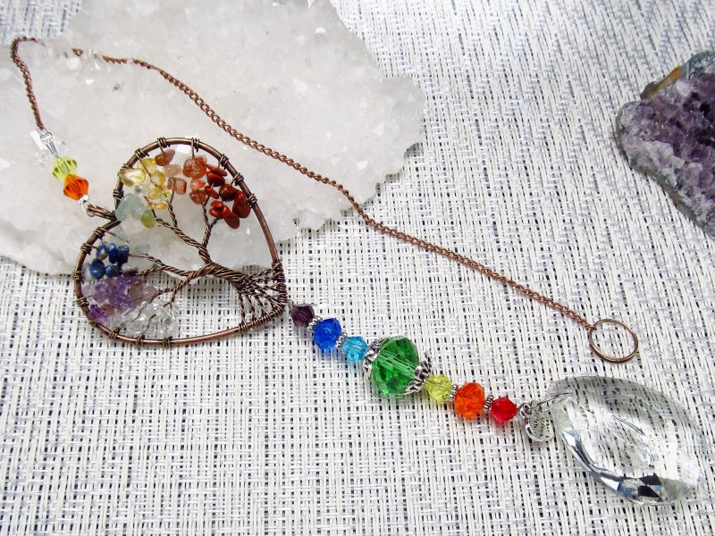 ツリーオブライフ ハート型 サンキャッチャー 全長約41cm クリスタル