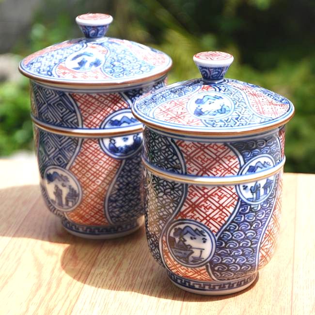 彩捻丸紋山水夫婦湯呑み 春晃 蓋付 - 京焼清水焼 松韻堂