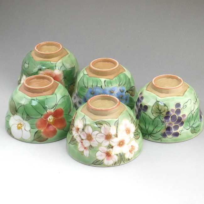 織部五草花お茶呑茶碗揃え 陶あん - 京焼清水焼 松韻堂