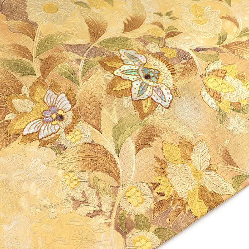 中古】 袋帯 箔地 正絹 お太鼓柄 金 螺鈿使い 花唐草 長さ430cm 幅31cm