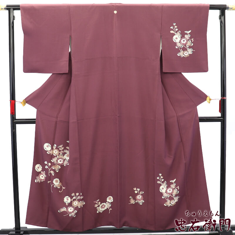 中古】 付下げ 一つ紋 剣片喰 袷 レディース 正絹 灰紫 辻が花 身丈