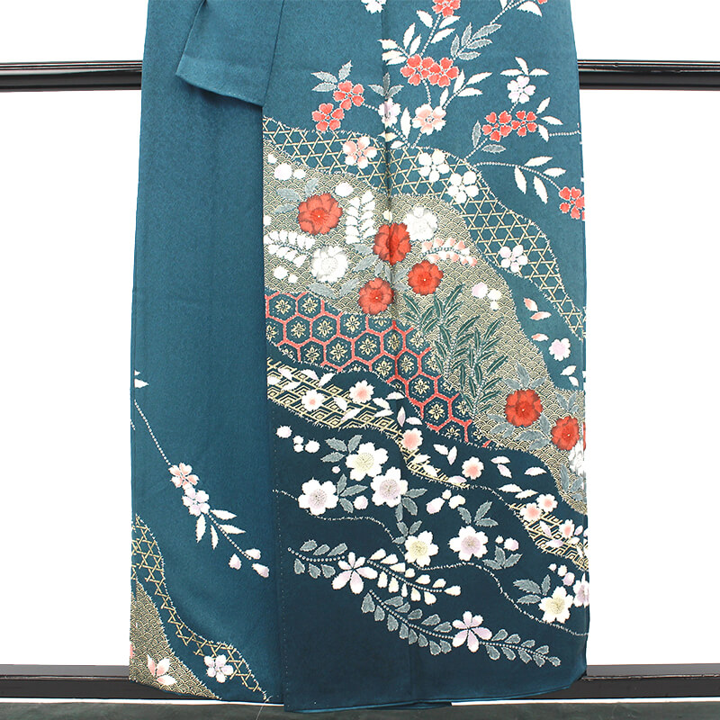 中古】 訪問着 袷 レディース 正絹 青緑 辻が花 道長取り 身丈157.5cm