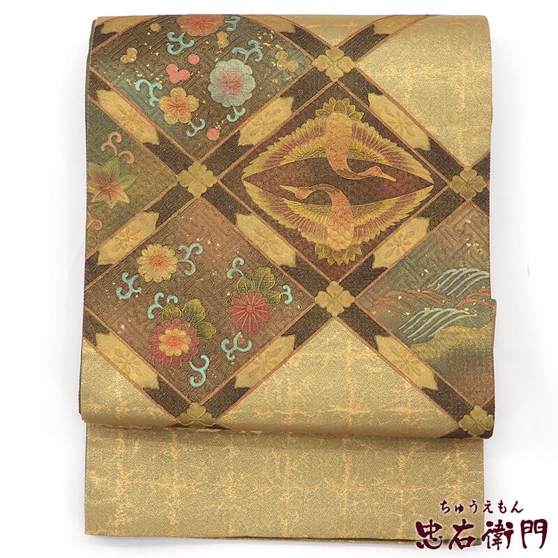 中古】 袋帯 フォーマル 正絹 お太鼓柄 金 向い鶴 格天井文 長さ439cm
