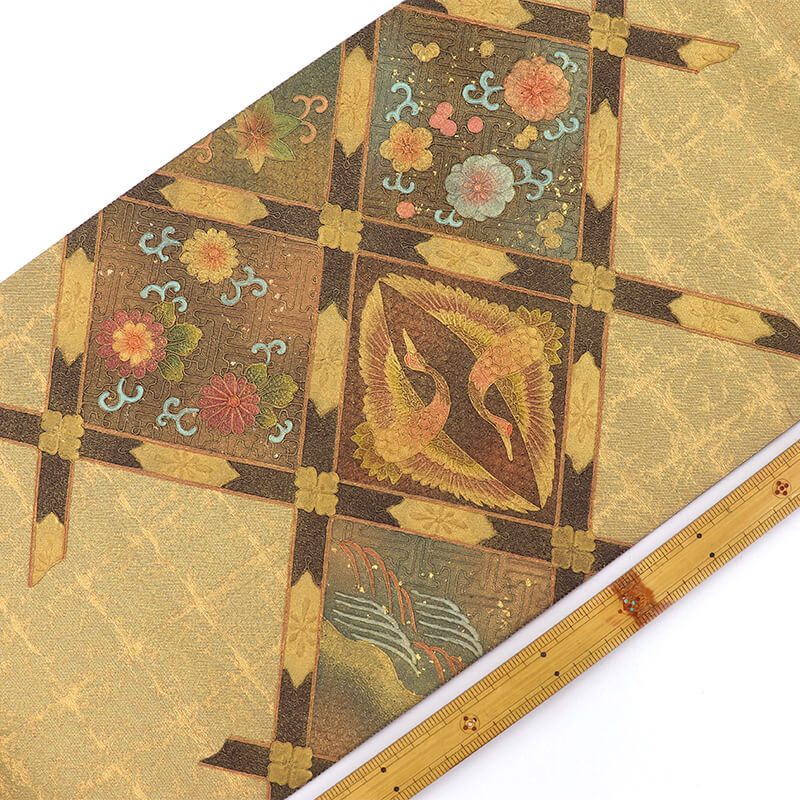 中古】 袋帯 フォーマル 正絹 お太鼓柄 金 向い鶴 格天井文 長さ439cm