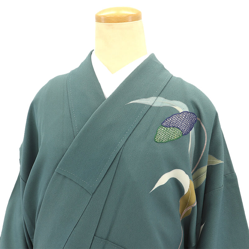 中古】 訪問着 袷 レディース 正絹 緑 花柄 モダン柄 身丈165cm 裄丈