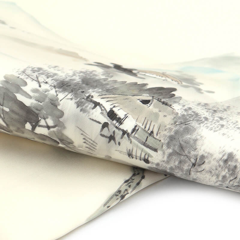 中古】 名古屋帯 落款 正絹 九寸帯 お太鼓柄 白 風景柄 塩瀬 長さ367cm