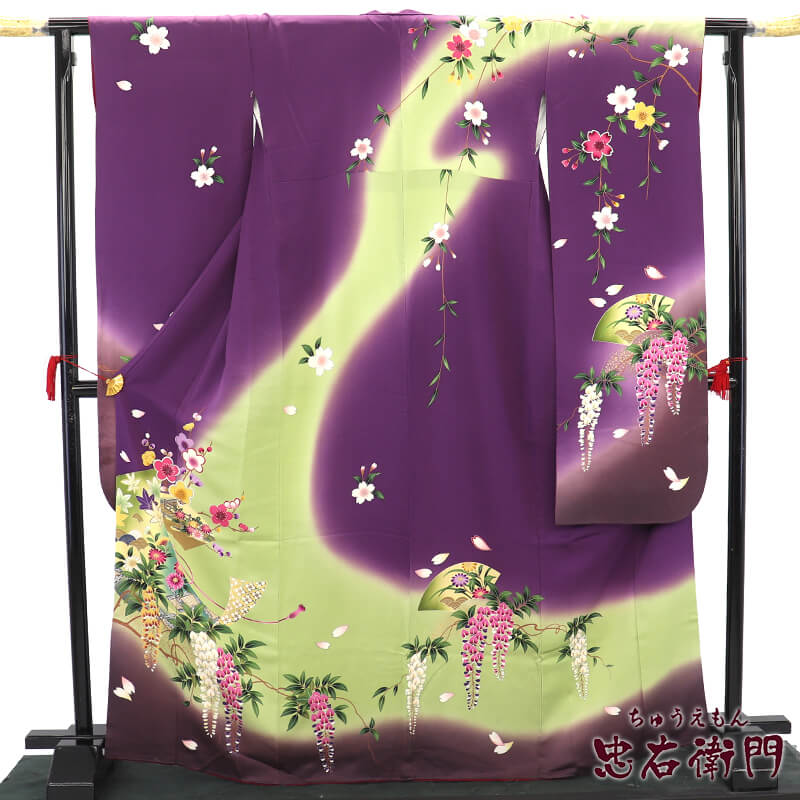 ここさぶた 振袖と長襦袢2点セット グリーン×カスタードクリーム 古典