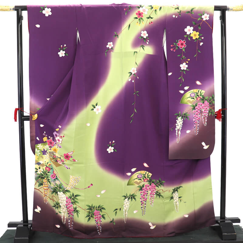 中古】 振袖 長襦袢付き 2点セット 成人式 振り袖 正絹 紫 藤 簾 地紙