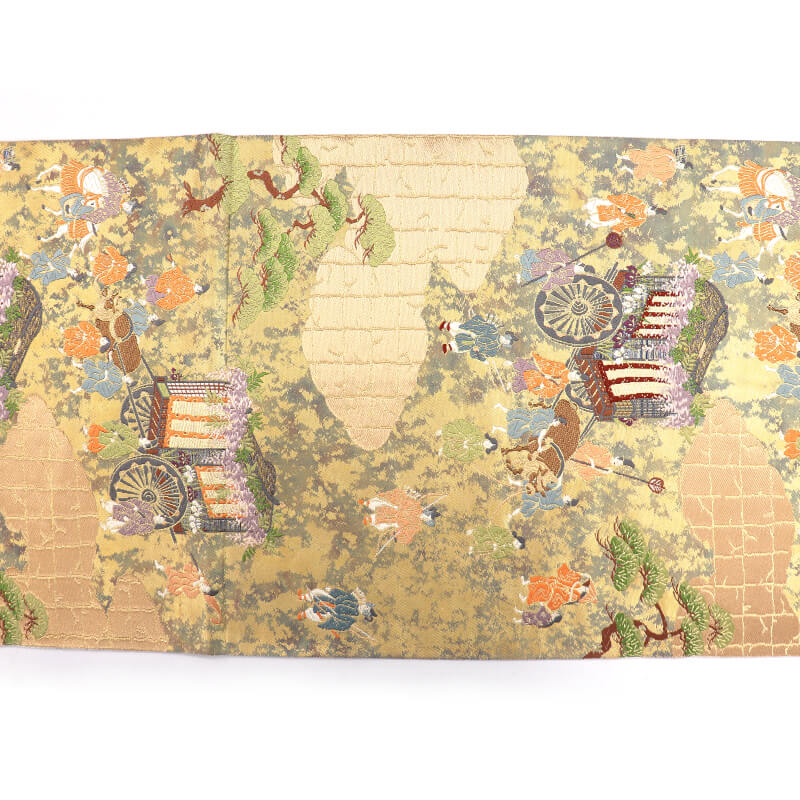 中古】 袋帯 フォーマル 正絹 六通柄 金 平安絵巻 時代柄 長さ429cm 幅