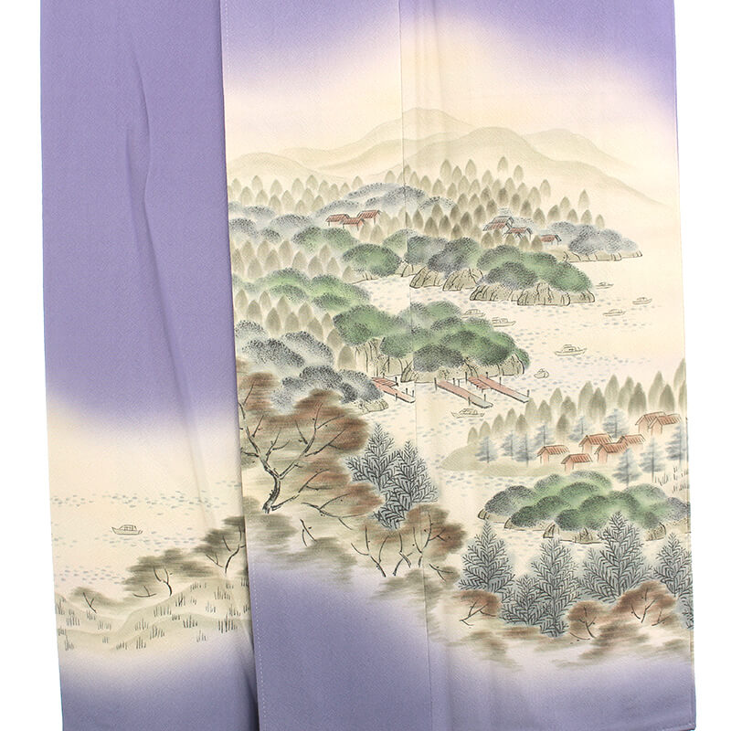 中古】 訪問着 袷 レディース 正絹 薄紫 十和田湖 風景柄 落款 身丈