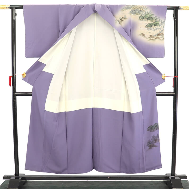 中古】 訪問着 袷 レディース 正絹 薄紫 十和田湖 風景柄 落款 身丈