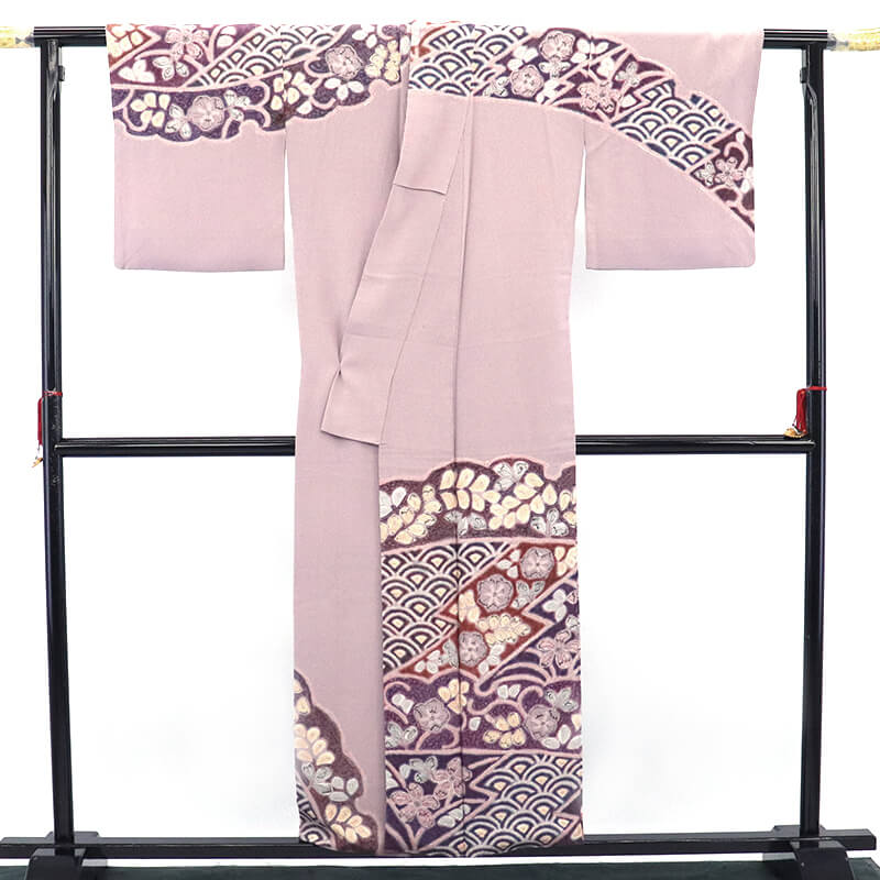 中古】 訪問着 ほうもんぎ レディース 正絹 紫 辻が花文様 雪輪 大柄