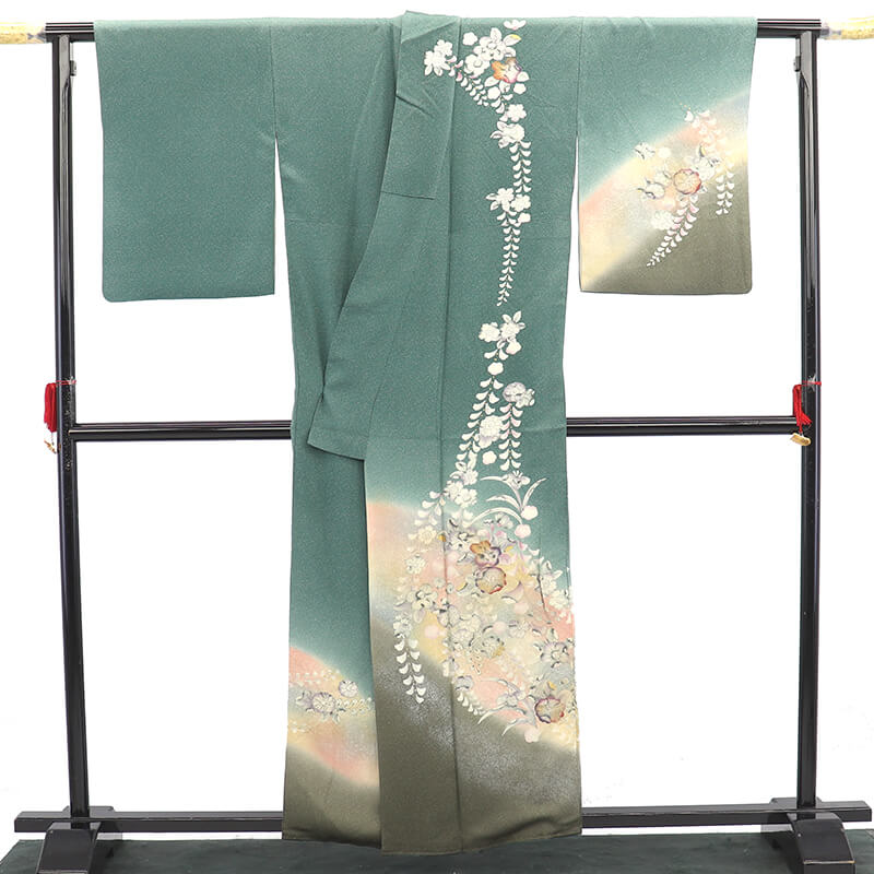 中古】 訪問着 袷 レディース 正絹 緑 辻が花 たたき染め風 身丈162.5