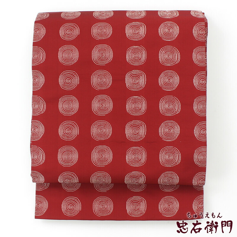 中古】名古屋帯 龍村美術織物 正絹 仕立て上がり レッド 渦巻き 長さ