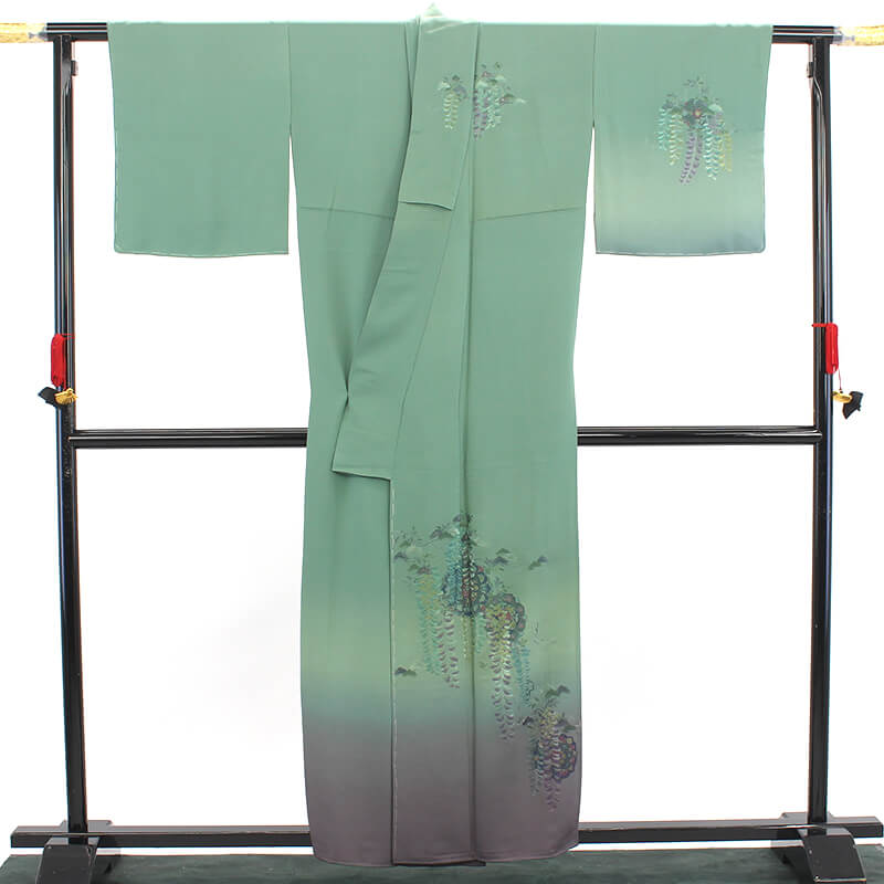 中古】 付下げ レディース 正絹 緑 紫 藤 松 刺繍 豪華 身丈162cm 裄丈