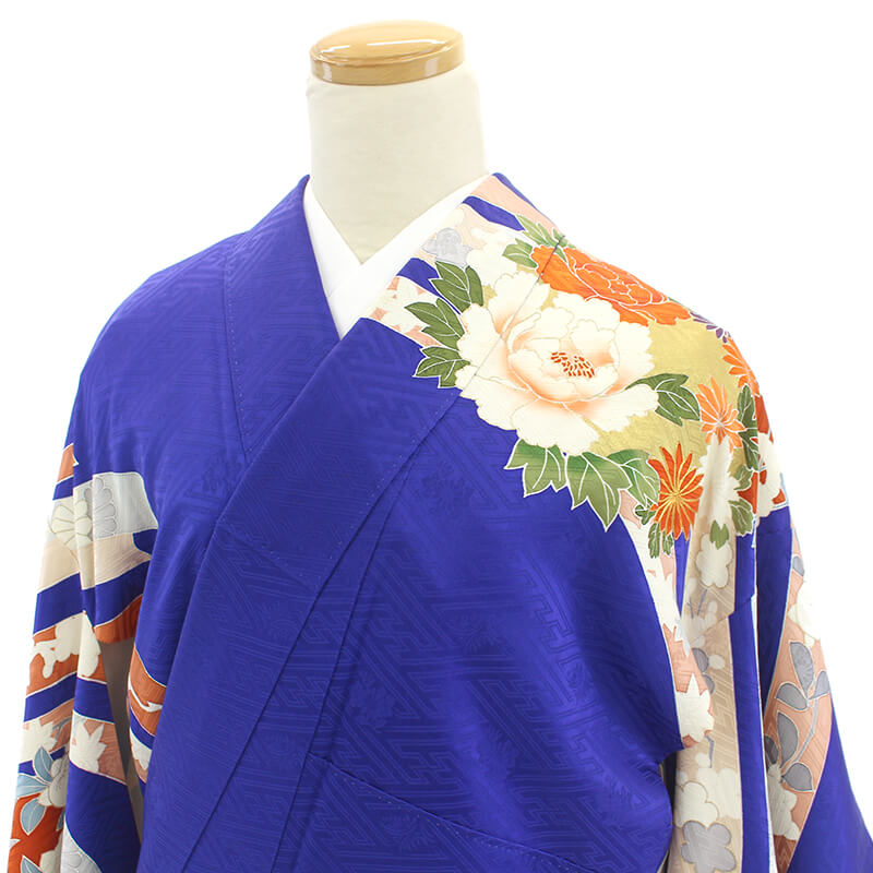 中古】 振袖 振り袖 成人式 レディース 正絹 青 古典柄 レトロ 身丈