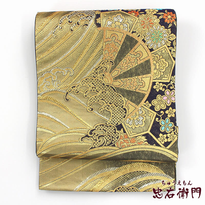 中古】 袋帯 リサイクル レディース 正絹 金 黒 波片輪 長さ434cm 幅