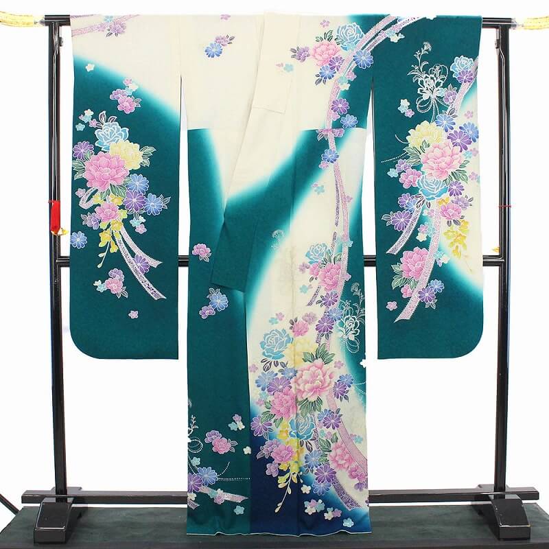 中古】 振袖 成人式 販売 単品 レディース 正絹 青緑 白 リボン 薔薇