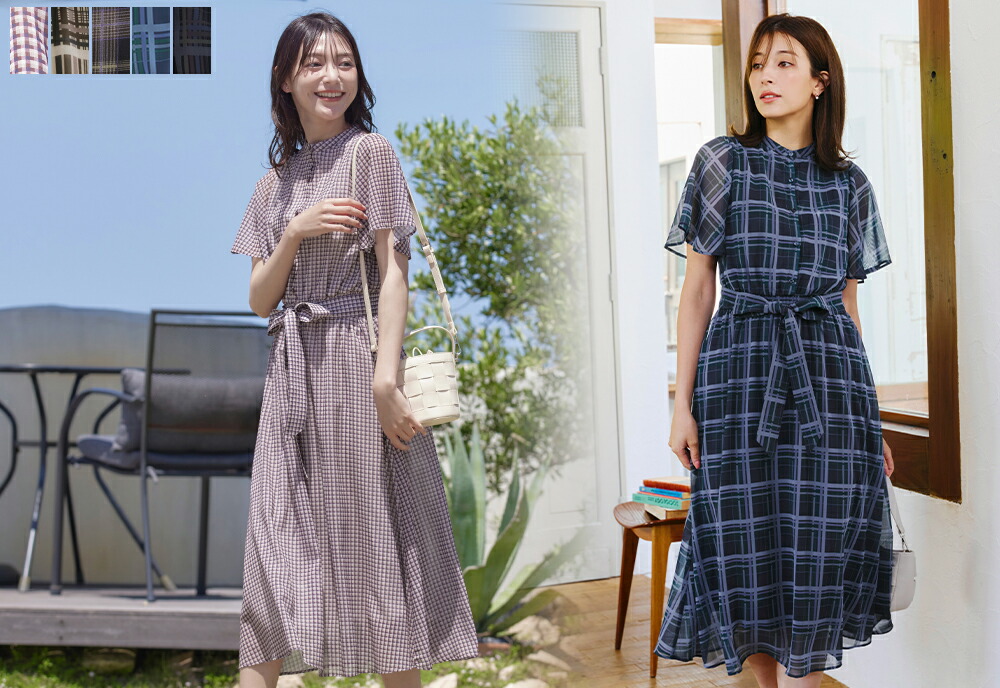 楽天市場】【新色追加】 チェック柄フレア袖シアーワンピース