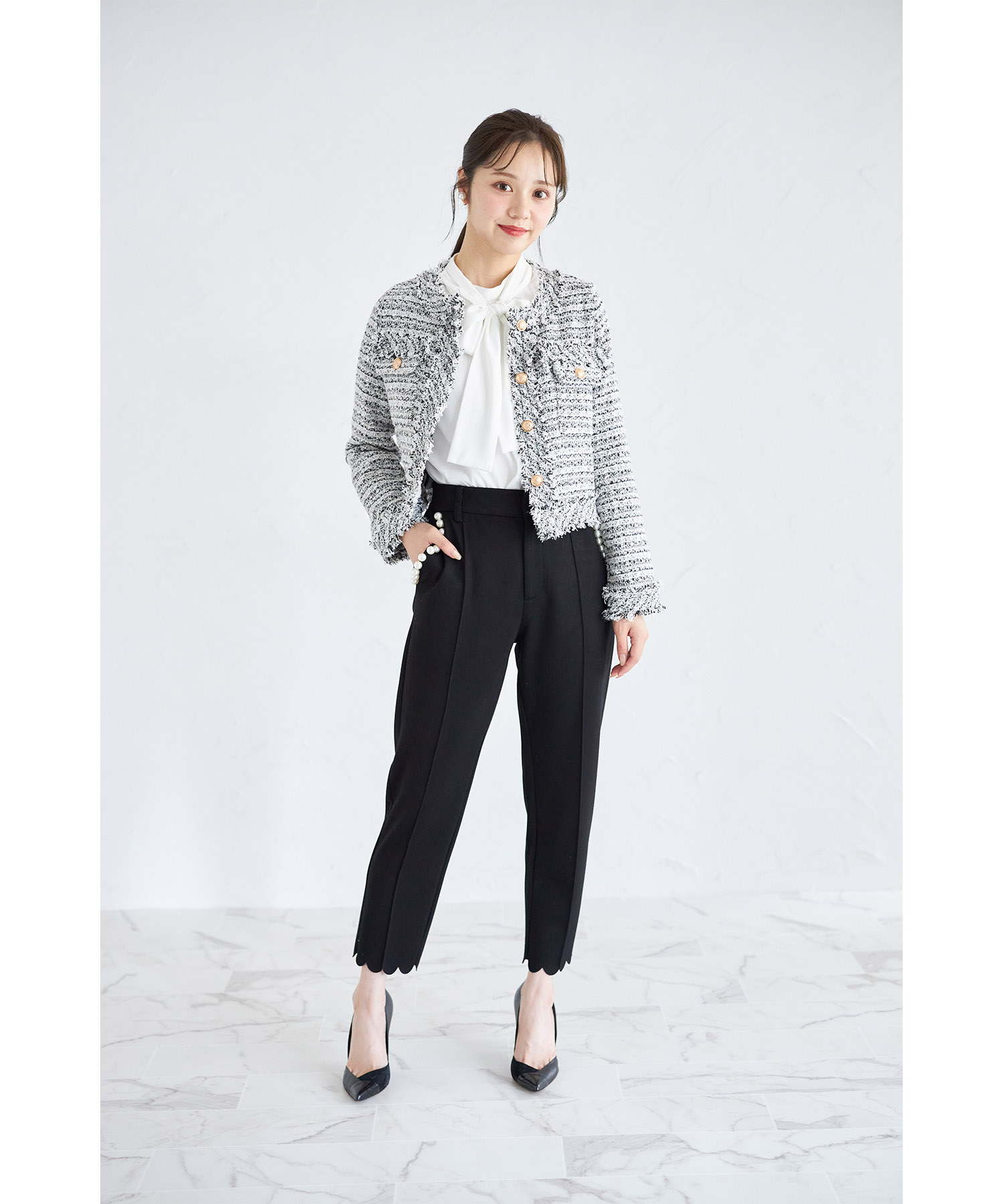 2WAYボウタイリボン付きオープンショルダーラッフルフリルブラウス