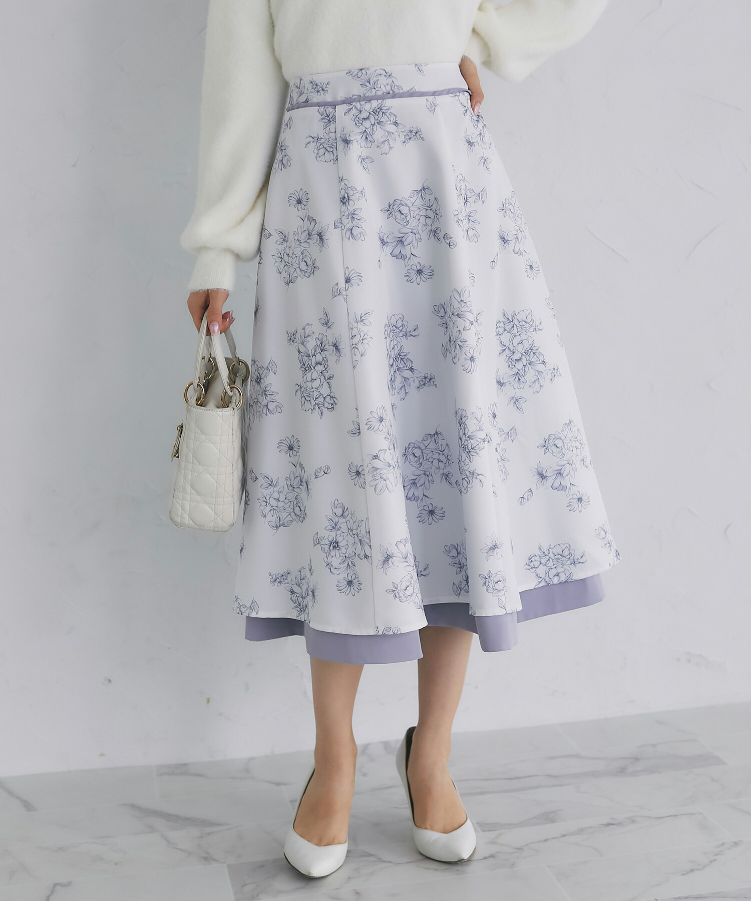 フラワープリント×無地リバーシブルフレアスカート