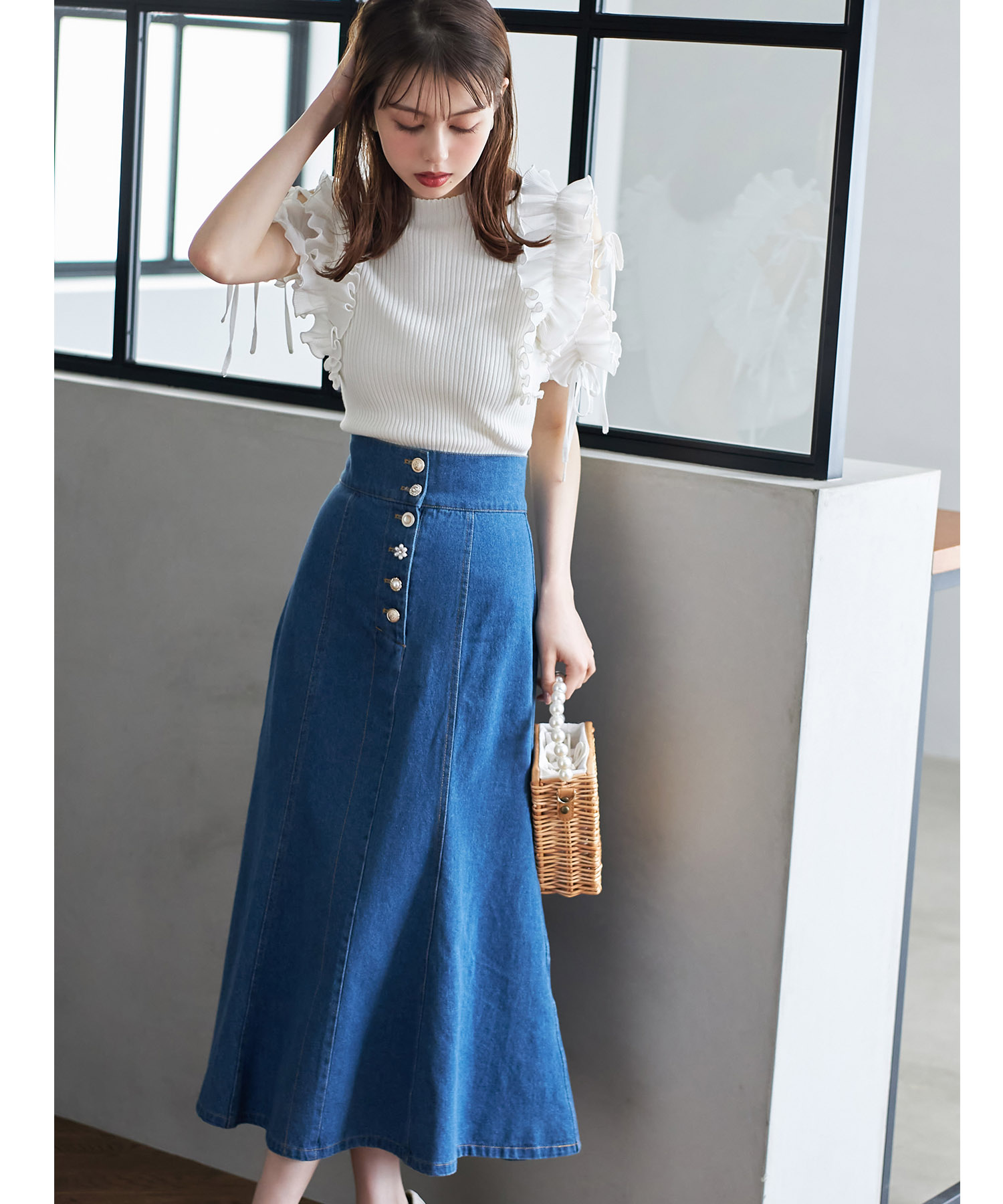 多種パールビジュー釦ステッチ入りデニムマーメイドスカート