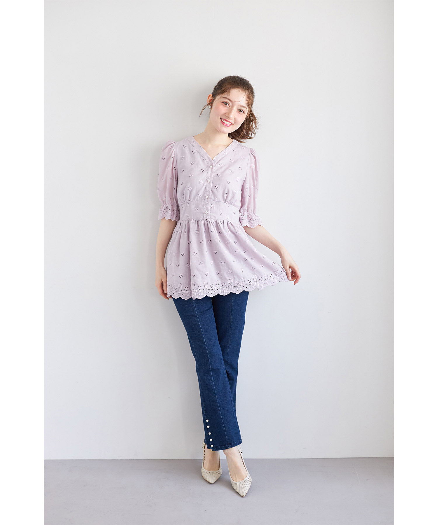 コットンレースペプラムブラウス