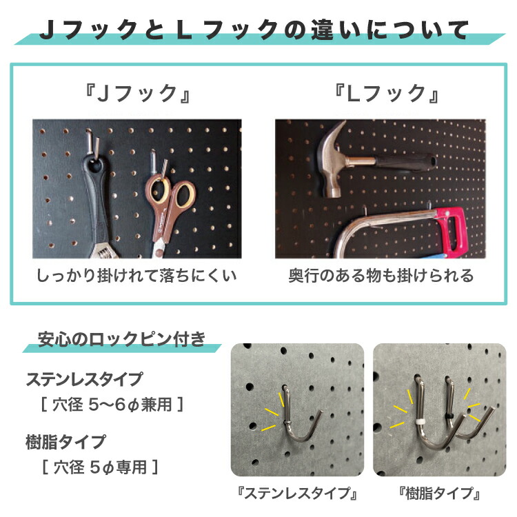 有孔ボード Lフック ステンロックピン付 穴径 5mm ・6mm / 5φ・6φ用