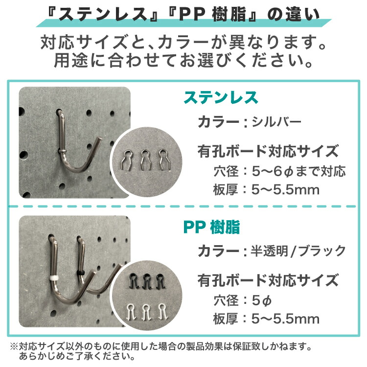 有孔ボード Lフック PP樹脂製ロックピン付 【5個セット】 ※穴径 5mm