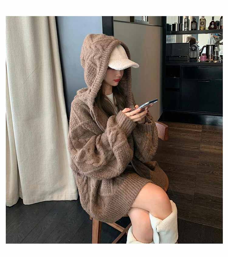 楽天市場】厚手 フード付き ニットコート カーディガン ケーブル編み