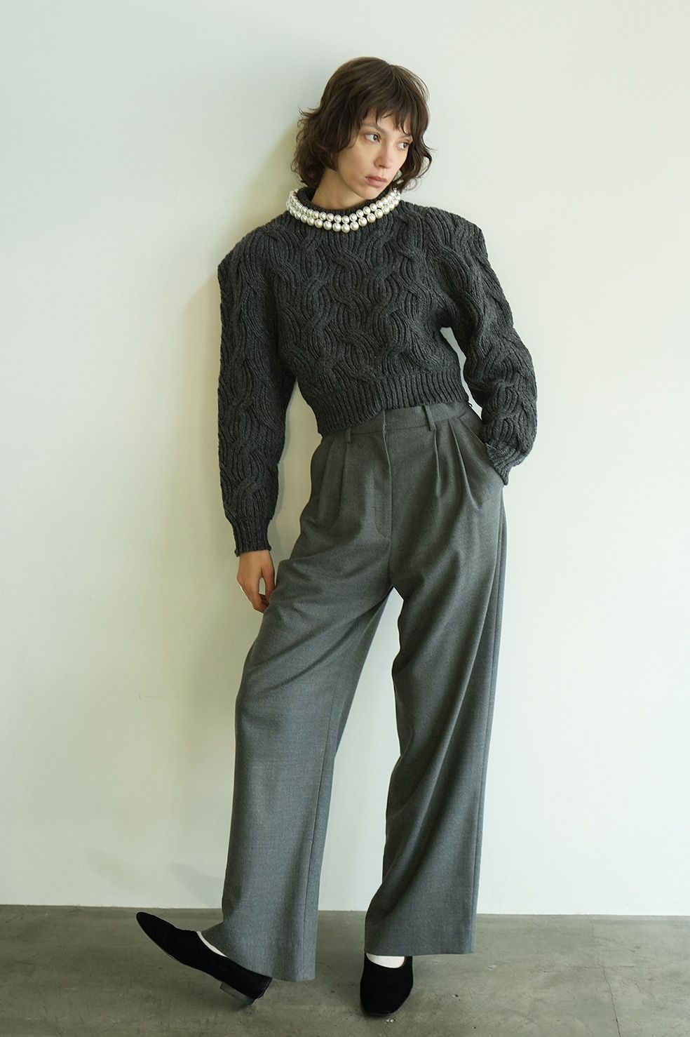 CLANE - パール ニットトップス - PEARL NECK KNIT TOPS - GREY