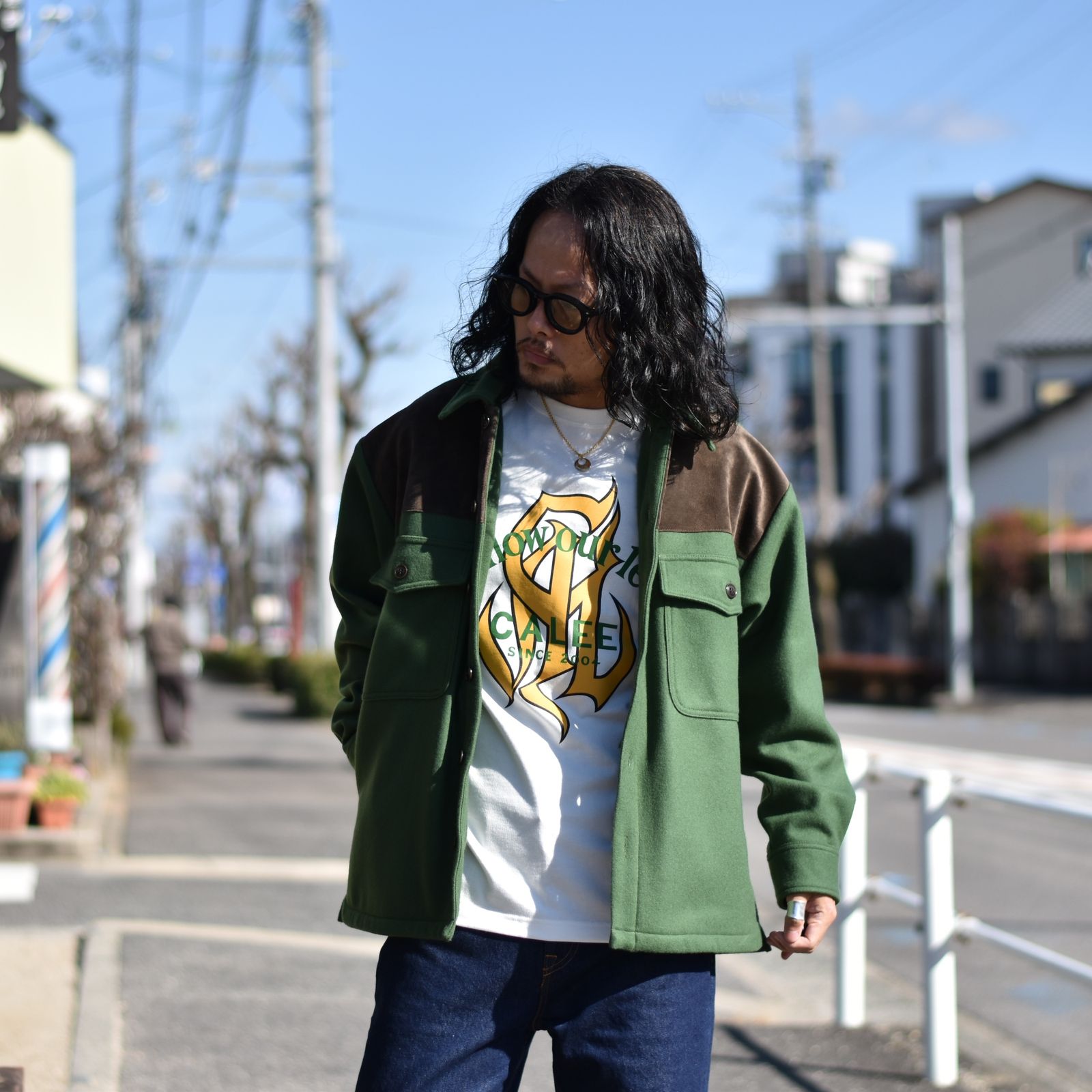 CALEE - M/S Over shilhouette shirt jacket (Green) / オーバーサイズ