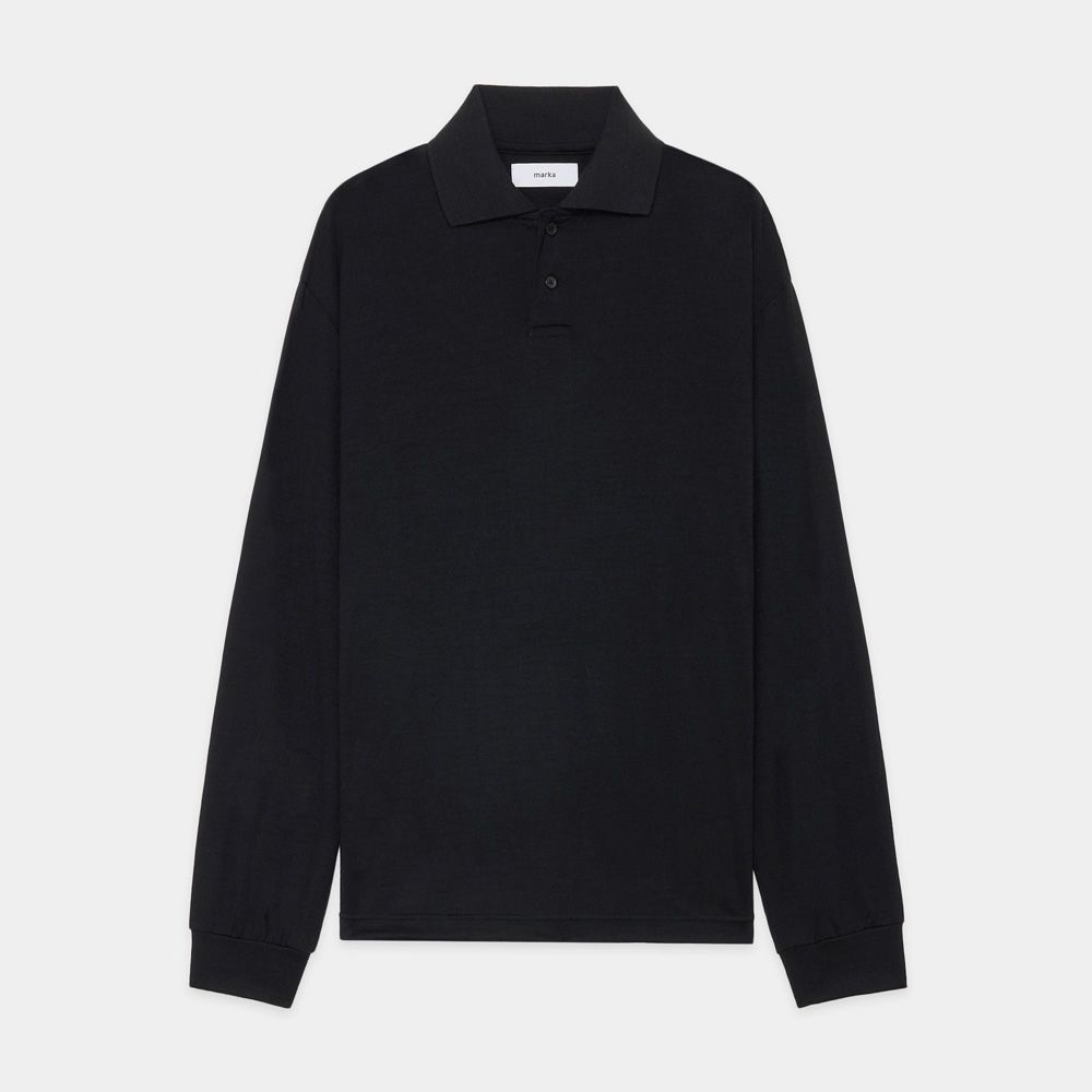 marka - TWO BUTTON POLO L/S TEE - BLACK / ウォッシャブルウール天竺