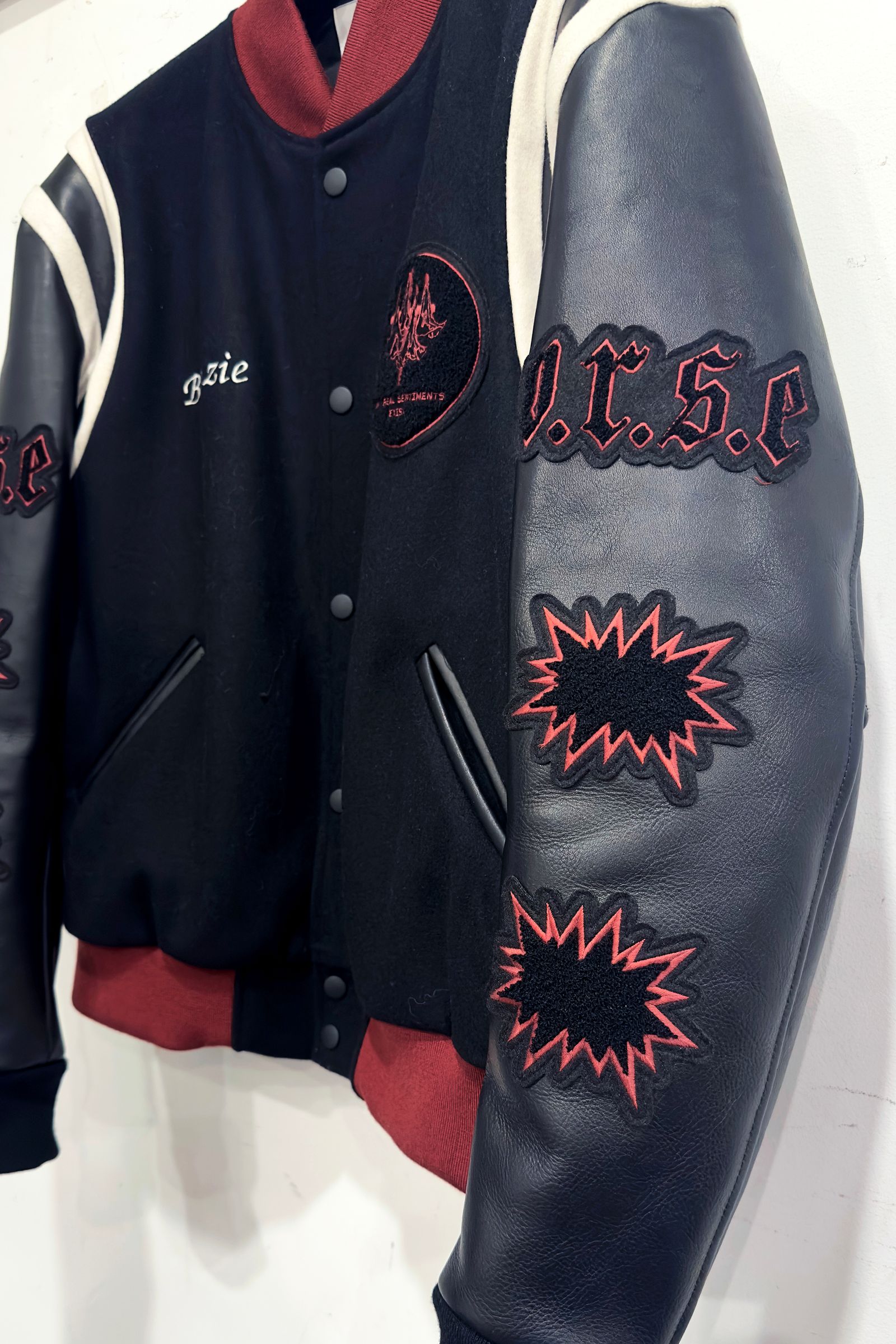 Azuma - PACHED LETTER JACKET / レタージャケット (BLACK, RED) | HAZE