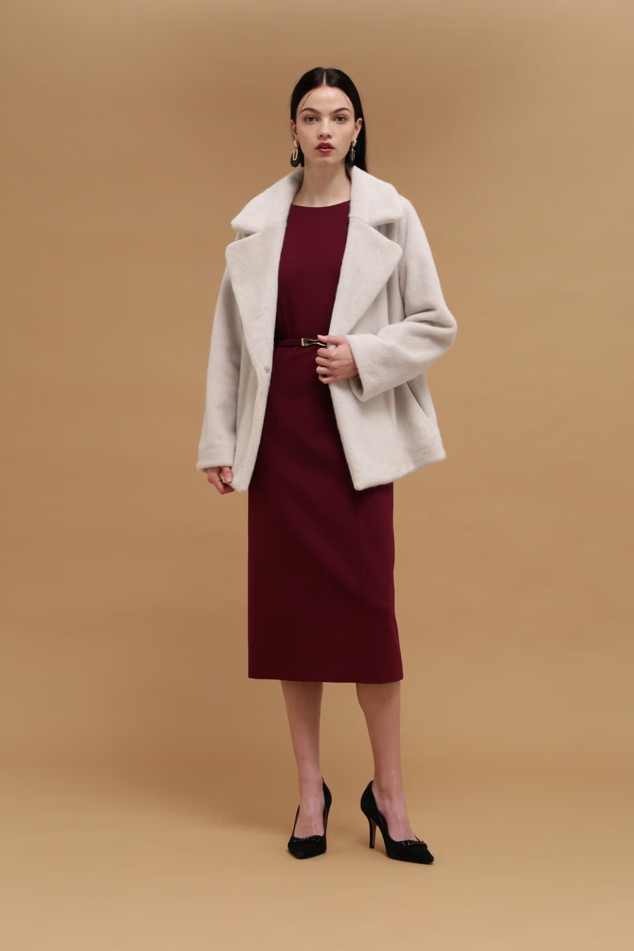 PINKY&DIANNE - ベルスリーブベルト付きワンピース (グレー