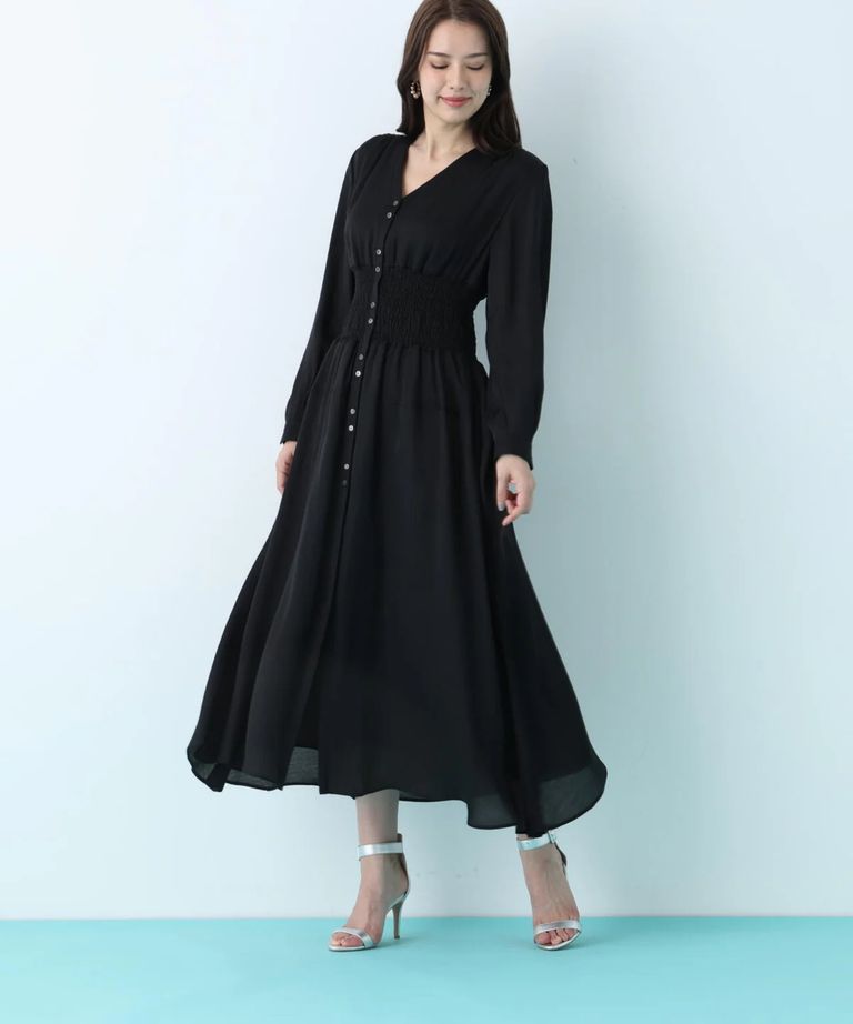 PINKY&DIANNE - ウエストシャーリングロングワンピース(ブラック)再生