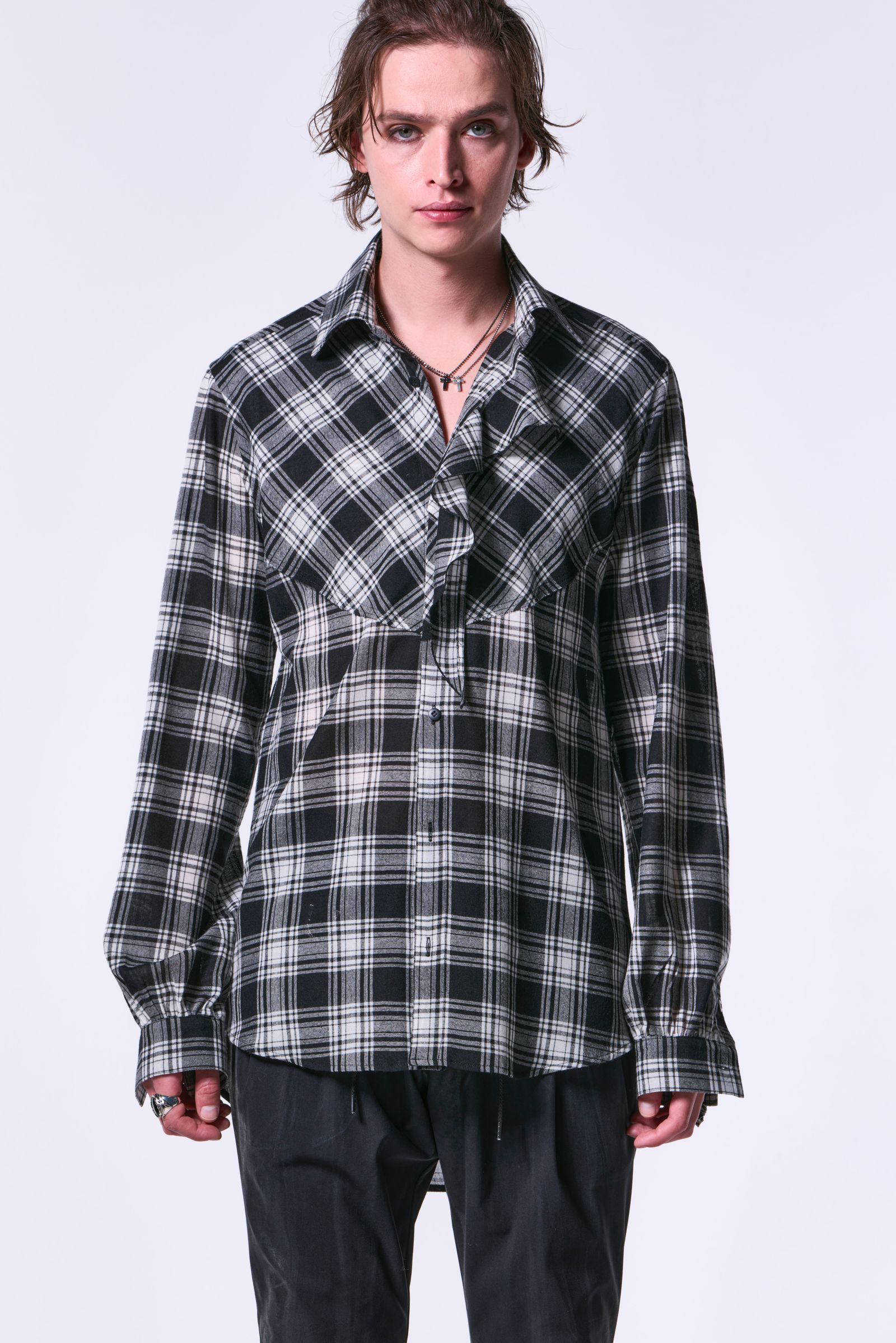 kiryuyrik - Black & White Check Single Frill Shirt / チェック