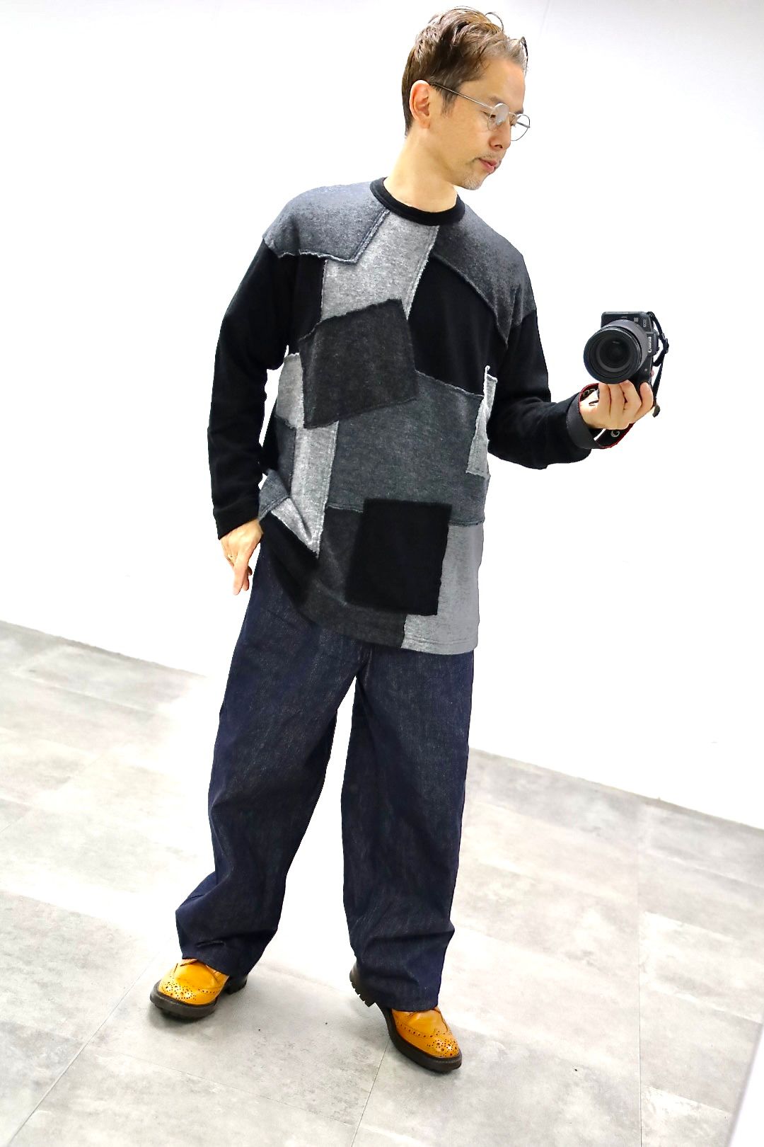 COMME des GARCONS HOMME ウールナイロン天竺パッチワークニット