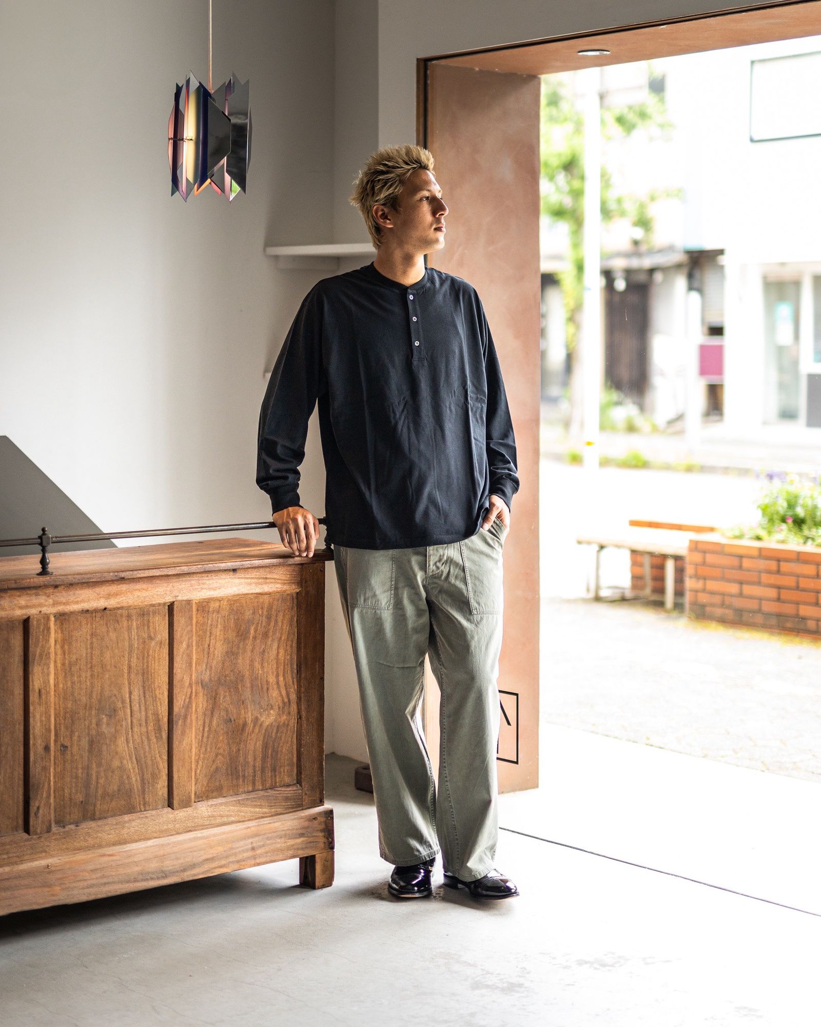 A.PRESSE Cashmere Blend L/S Henley Neck Shirt (BLACK) 新作発売