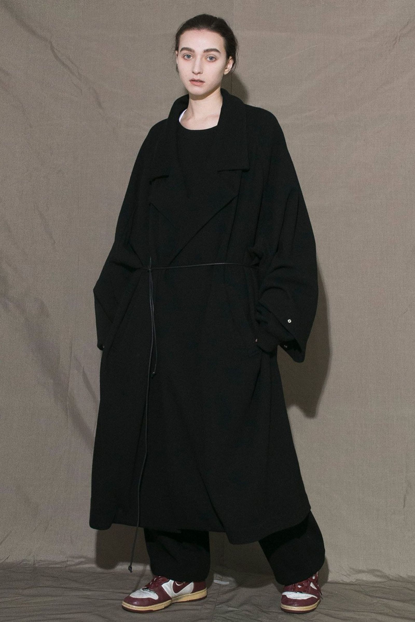 my beautiful landlet - RECYCLED MELANGE WOOL KNIT LONG COAT/BLACK