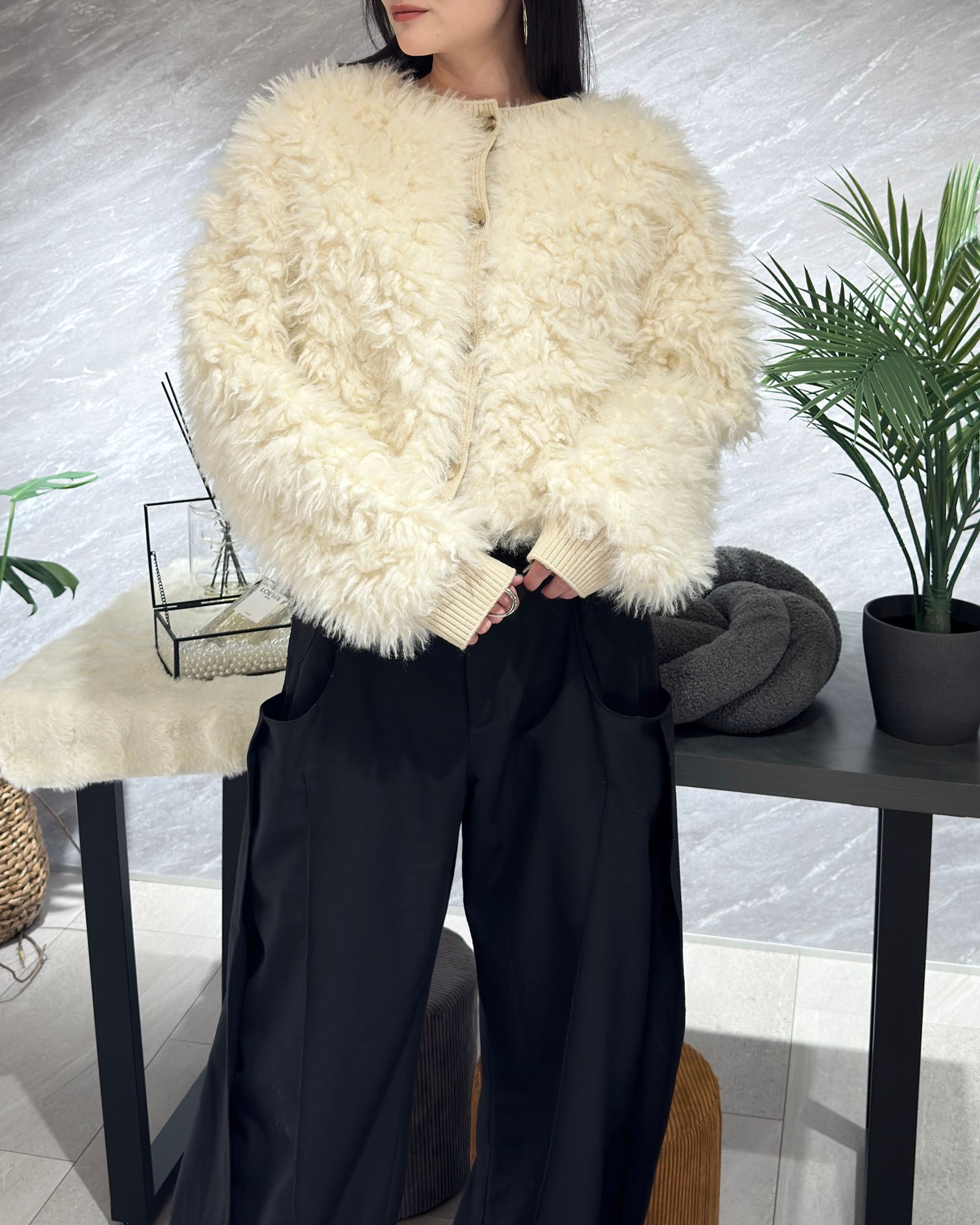 THINK FUR - 2Way Fur×Knit Tops (別注クリーム) / 2ウェイファー