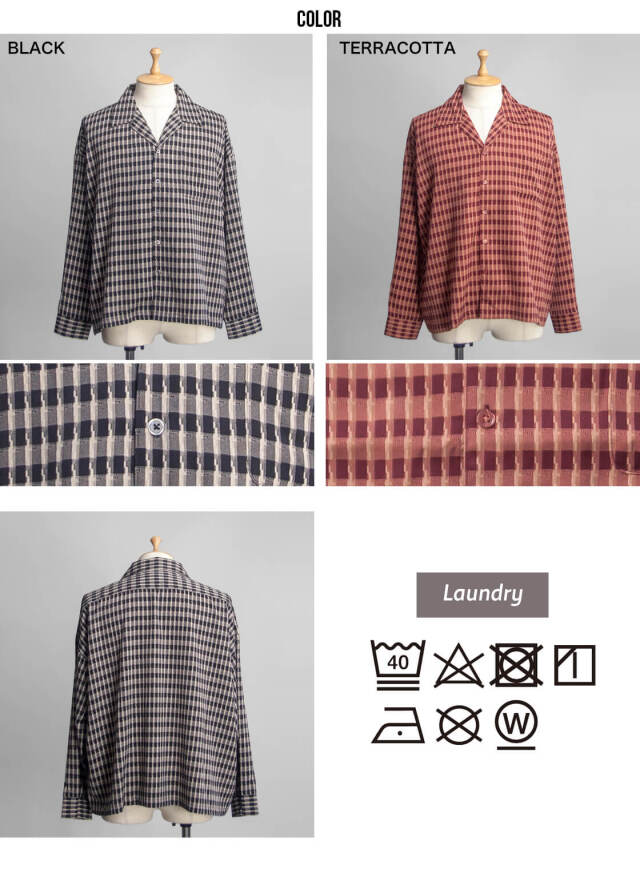 LAOTOUR グラフィカルチェック柄 ショート丈 オープンカラー長袖シャツ