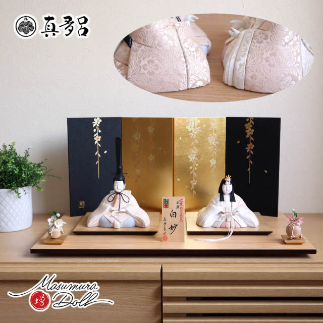 伝統的工芸品 三世・金林真多呂作 白妙雛 正絹西陣織 屏風箔押金彩