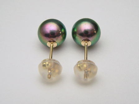 Pt900/K18/K14WGアコヤ真珠ピアス(ピーコックグリーン) (SVイヤリング